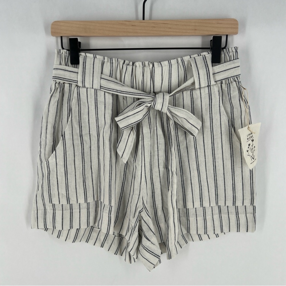 Indigo Rein Linen Blend‎ Striped Belted Pull On Shorts Lightweight Breathable